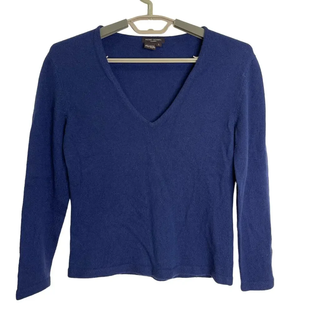 Henri Bendel Classic 100% Cashmere Vneck Sweater Navy Small/Medium